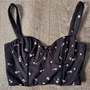 White Fox black and pink floral corset bustier size Small‎ crop top zip back